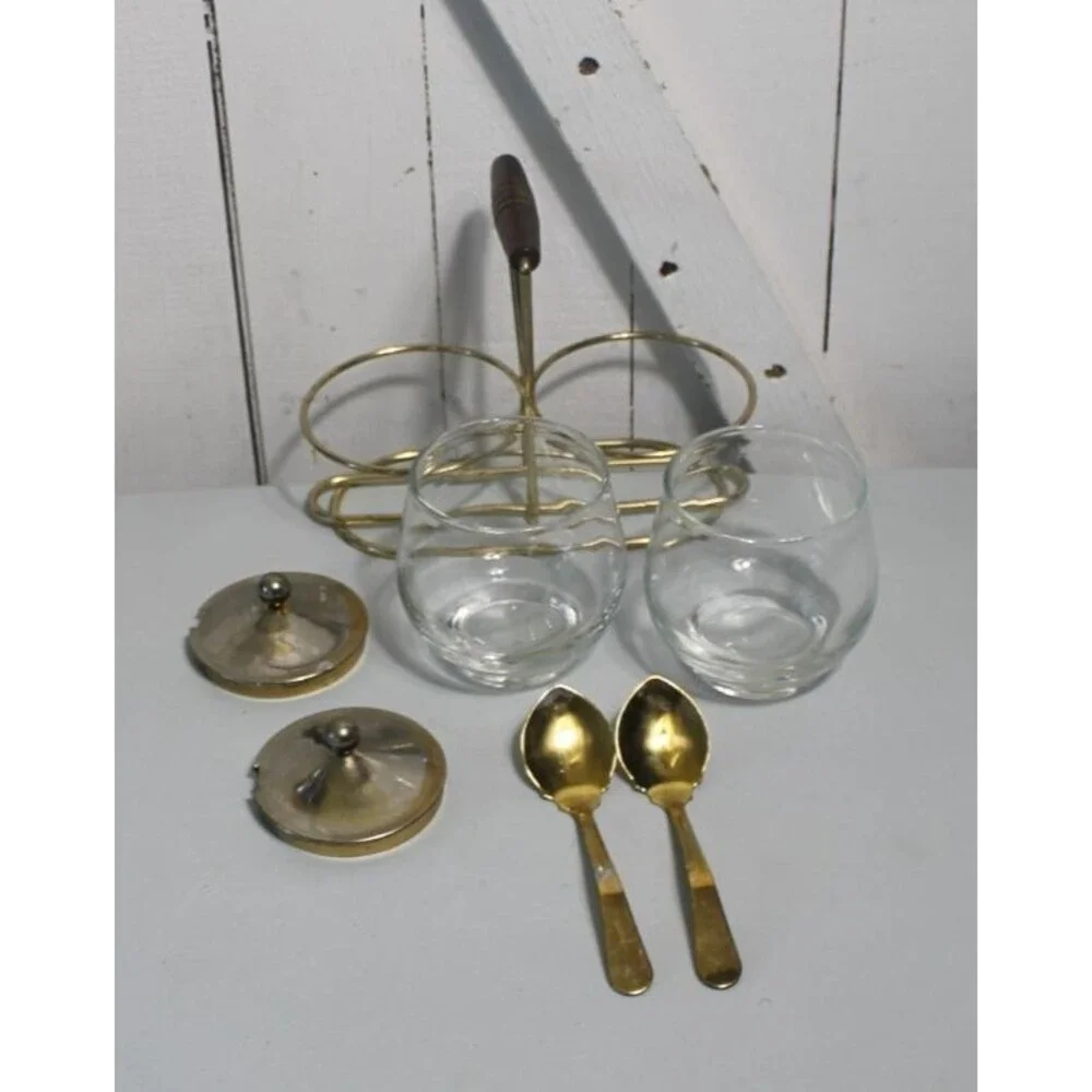 Mid Century Condiment Set Wire Rack Libby Glass Lid/Spoons, Jam, Relish Sauces